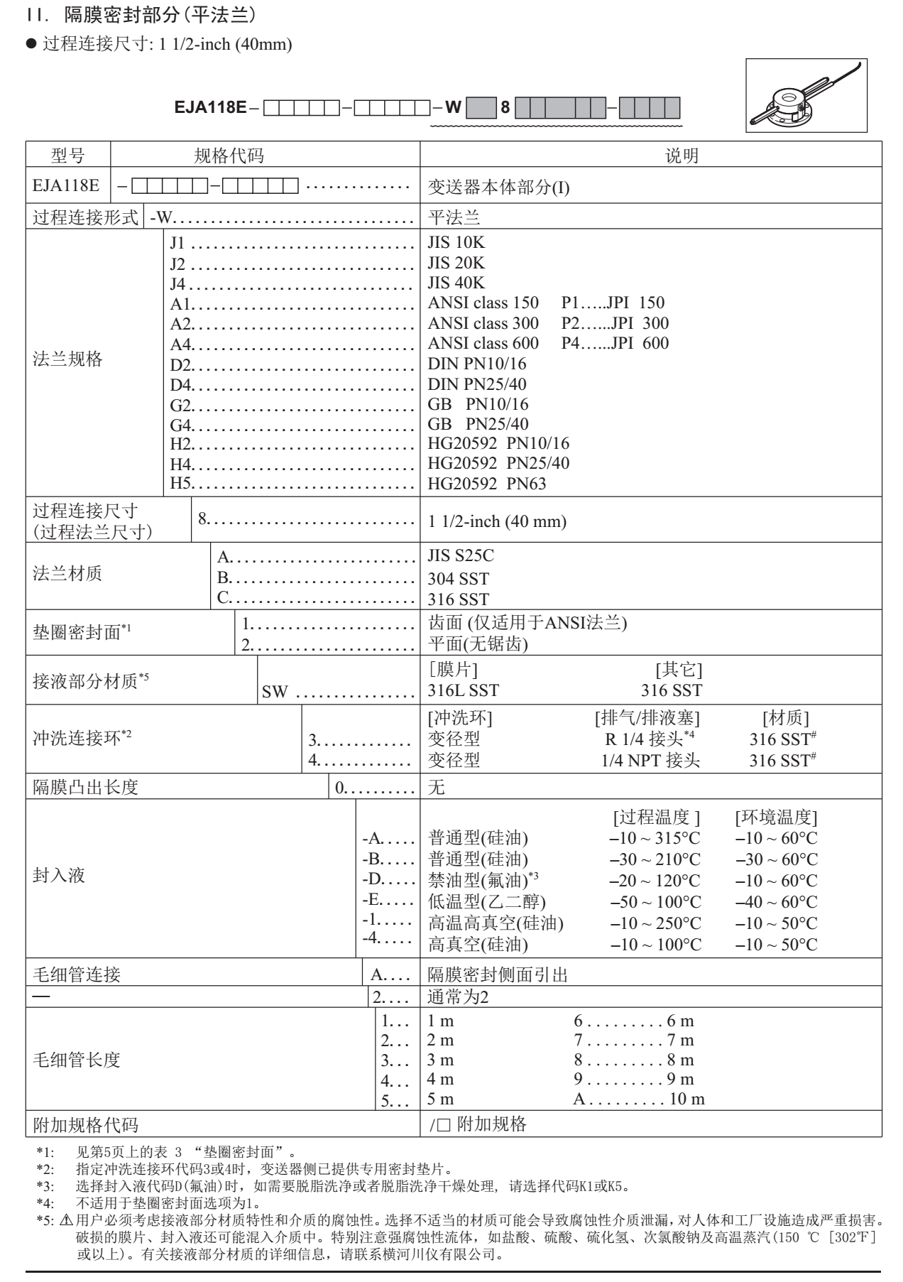 EJA118E隔膜密封式压力变送器隔膜密封部分选型