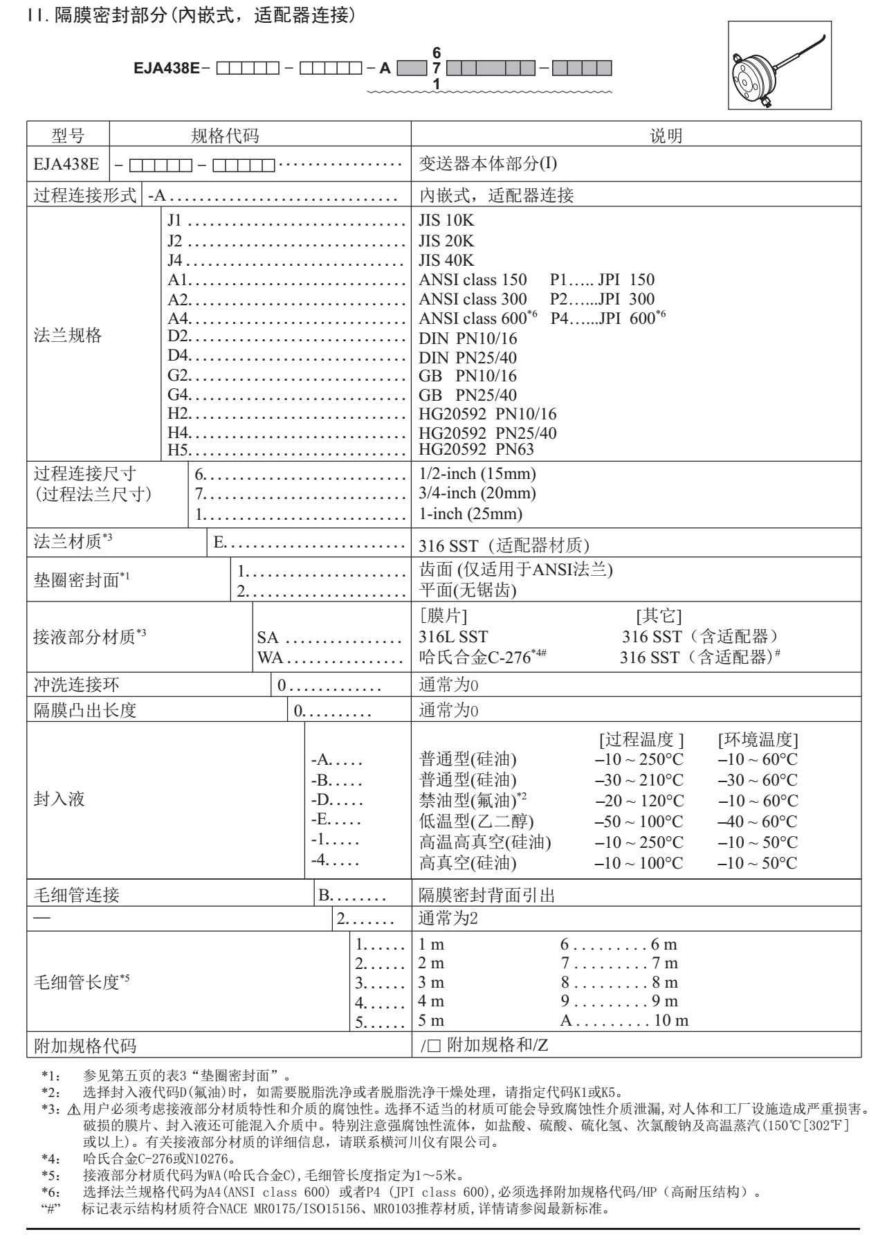 EJA438E/Z隔膜密封式压力变送器隔膜密封部分代码